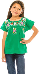 Traditional Puebla Mexican Youth Girl Embroidered Blouse Size 4-14